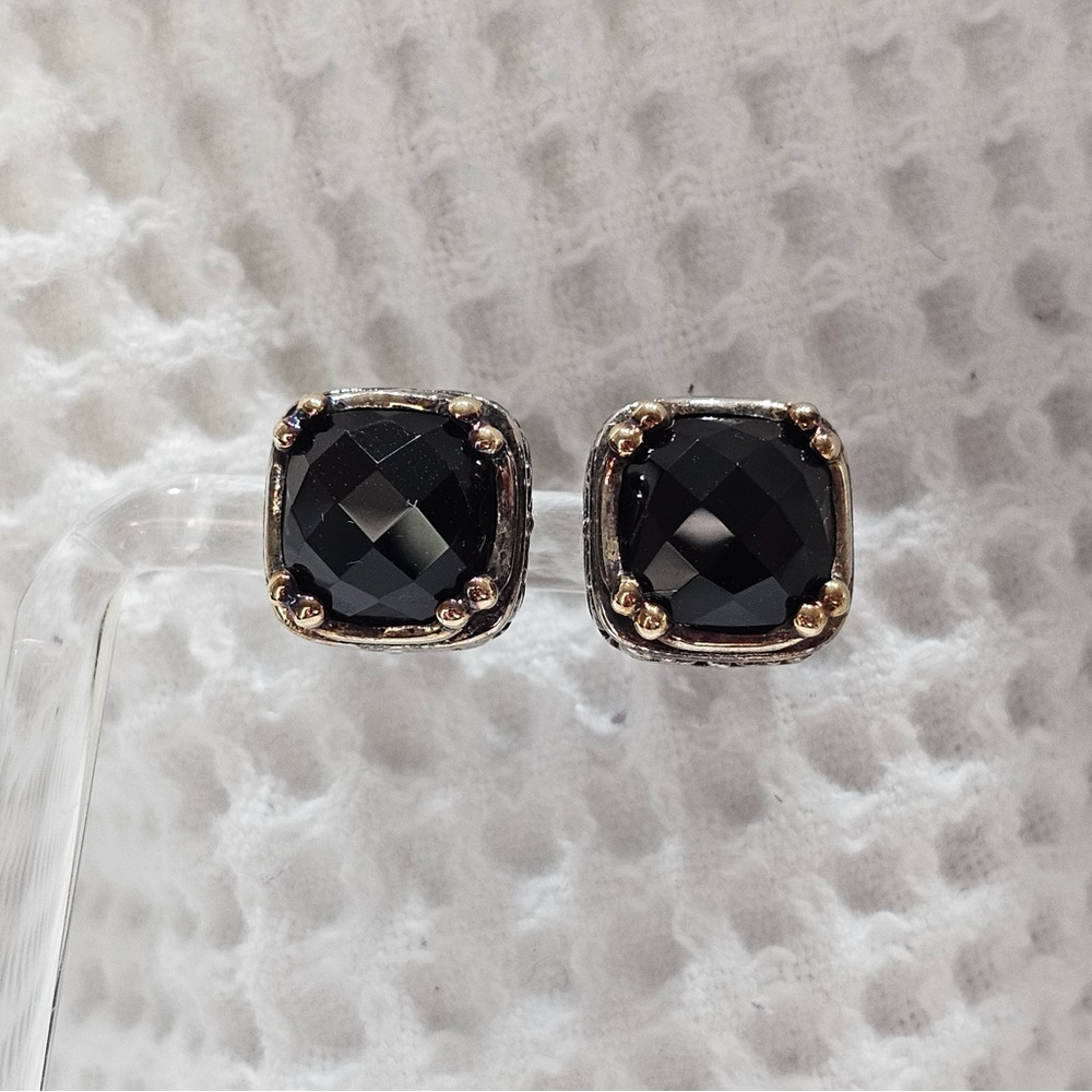 NF Chapal Zenray 14K Gold and 925 Silver Onyx Cushion Cut Earrings
